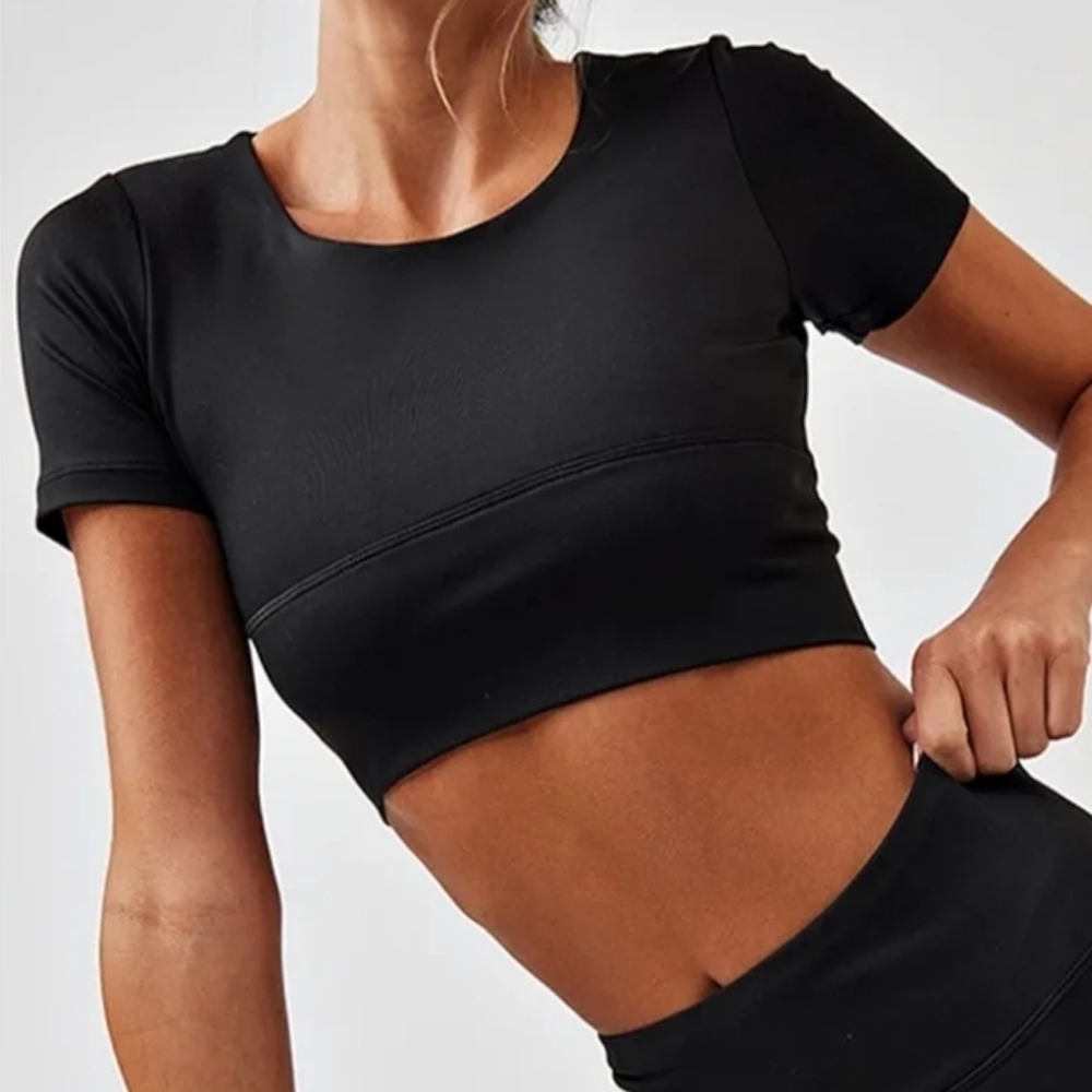 No Brand Strappy Back Sports Bra Short Sleeve Crop Top Black Womens Large Active